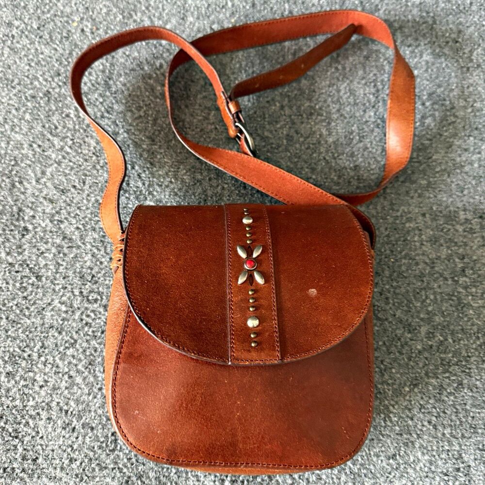 Brown Studded Flap Crossbody Bag Adjustable Strap Gold Hardware Solid